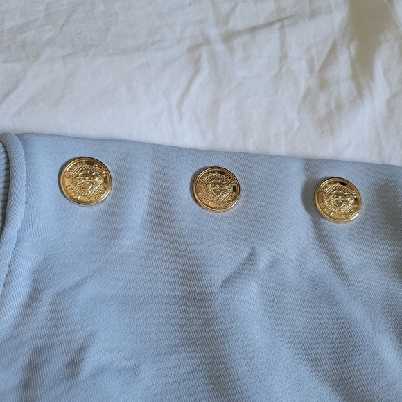Balmain 3 Gold Button Logo Text Cropped Sweatshirt Size L Blue - Picture 9 of 14